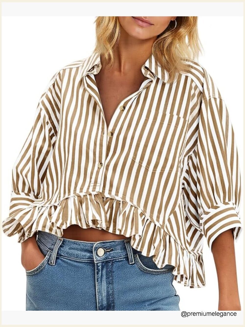 Cropped Striped Button Down Ruffle 3/4 Sleeve Blouse